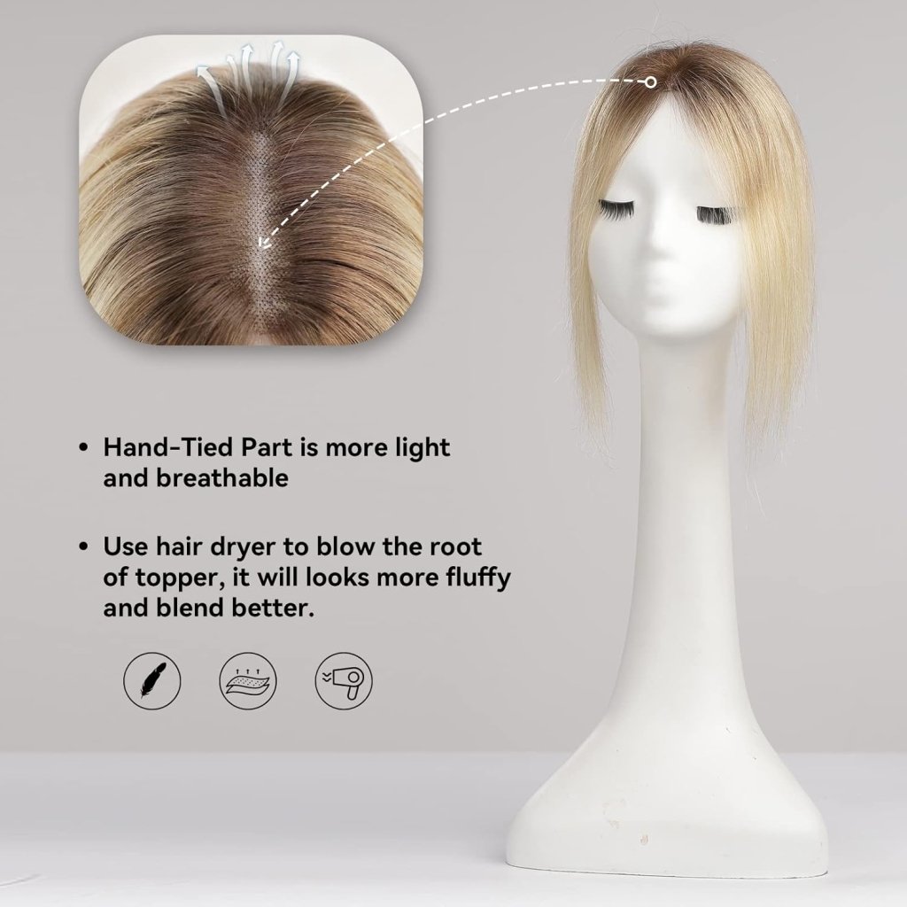 Remy Human Hair Toppers for Women Hand - Tied Hair Toppers with Swiss Lace Base 12in - Wigtrends