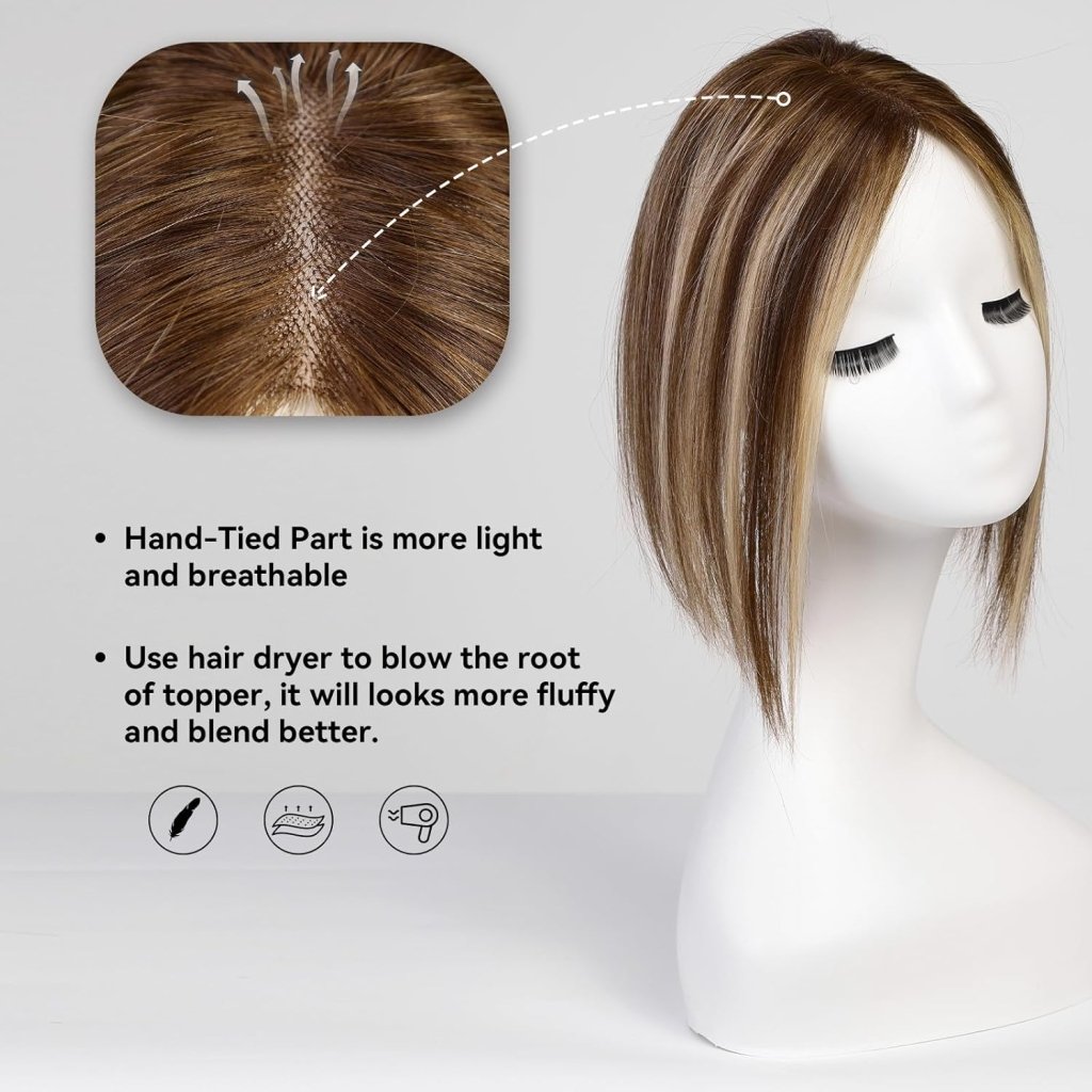 Remy Human Hair Toppers for Women Hand - Tied Hair Toppers with Swiss Lace Base 12in - Wigtrends