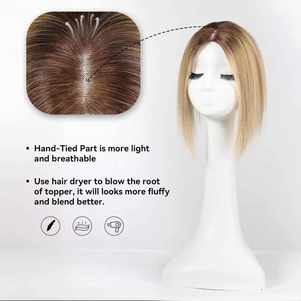 Remy Human Hair Toppers for Women Hand - Tied Hair Toppers with Swiss Lace Base 12in - Wigtrends