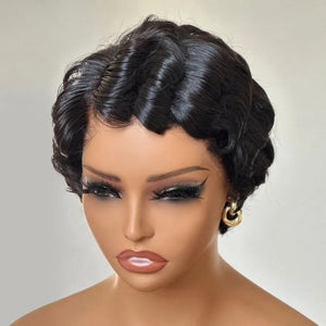 Retro Style Pixie Cut Finger Wave Wigs in Jet Black - Wigtrends