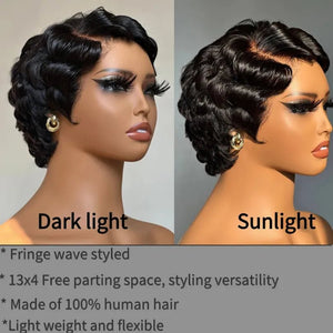 Retro Style Pixie Cut Finger Wave Wigs in Jet Black - Wigtrends