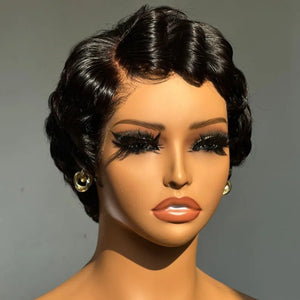 Retro Style Pixie Cut Finger Wave Wigs in Jet Black - Wigtrends