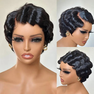 Retro Style Pixie Cut Finger Wave Wigs in Jet Black - Wigtrends