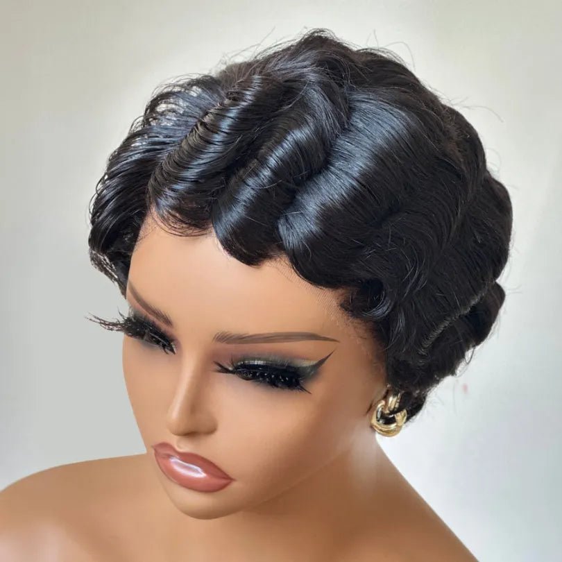 Retro Style Pixie Cut Finger Wave Wigs in Jet Black - Wigtrends