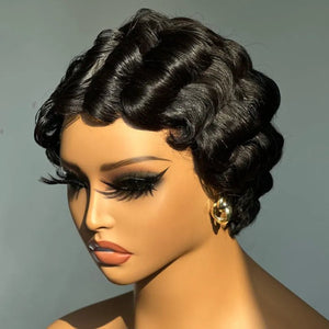 Retro Style Pixie Cut Finger Wave Wigs in Jet Black - Wigtrends