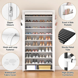 ROJASOP 10 Tier Shoe Rack with Covers,Large Capacity Stackable Tall Shoe Shelf Storage to 50 - 55 Pairs Shoes and Boots Sturdy Metal Free Standing Shoe Rack Organizer for Closet Entryway Garage - Wigtrends