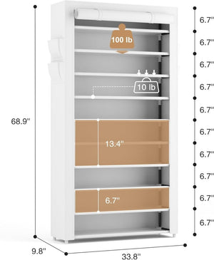 ROJASOP 10 Tier Shoe Rack with Covers,Large Capacity Stackable Tall Shoe Shelf Storage to 50 - 55 Pairs Shoes and Boots Sturdy Metal Free Standing Shoe Rack Organizer for Closet Entryway Garage - Wigtrends