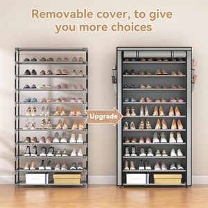 ROJASOP 10 Tier Shoe Rack with Covers,Large Capacity Stackable Tall Shoe Shelf Storage to 50 - 55 Pairs Shoes and Boots Sturdy Metal Free Standing Shoe Rack Organizer for Closet Entryway Garage - Wigtrends