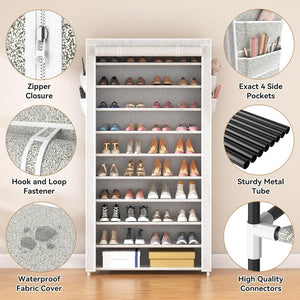 ROJASOP 10 Tier Shoe Rack with Covers,Large Capacity Stackable Tall Shoe Shelf Storage to 50 - 55 Pairs Shoes and Boots Sturdy Metal Free Standing Shoe Rack Organizer for Closet Entryway Garage - Wigtrends