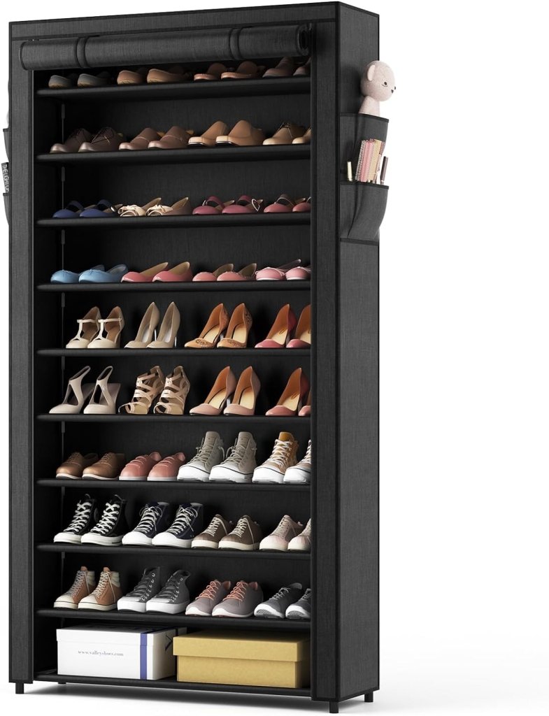 ROJASOP 10 Tier Shoe Rack with Covers,Large Capacity Stackable Tall Shoe Shelf Storage to 50 - 55 Pairs Shoes and Boots Sturdy Metal Free Standing Shoe Rack Organizer for Closet Entryway Garage - Wigtrends