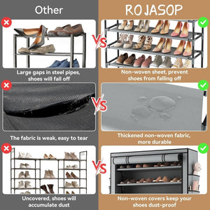 ROJASOP 10 Tier Shoe Rack with Covers,Large Capacity Stackable Tall Shoe Shelf Storage to 50 - 55 Pairs Shoes and Boots Sturdy Metal Free Standing Shoe Rack Organizer for Closet Entryway Garage - Wigtrends