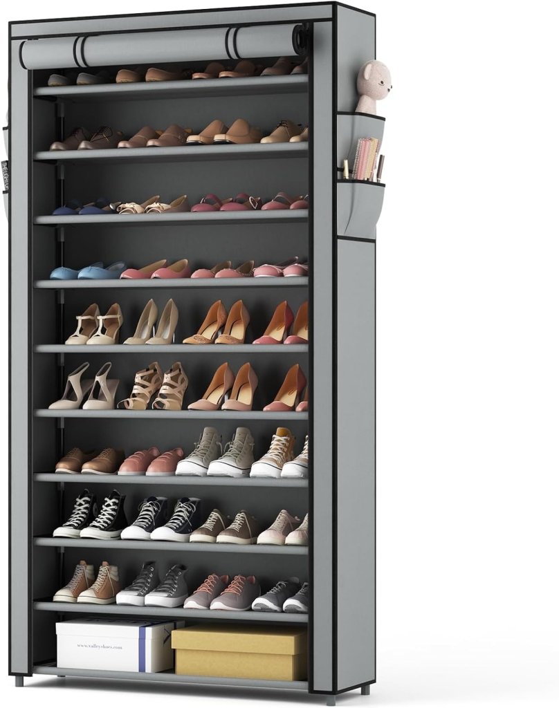 ROJASOP 10 Tier Shoe Rack with Covers,Large Capacity Stackable Tall Shoe Shelf Storage to 50 - 55 Pairs Shoes and Boots Sturdy Metal Free Standing Shoe Rack Organizer for Closet Entryway Garage - Wigtrends