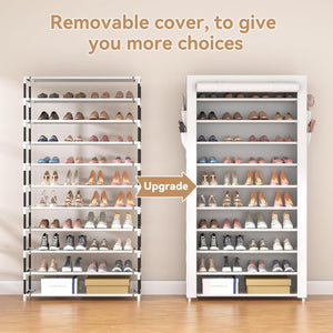 ROJASOP 10 Tier Shoe Rack with Covers,Large Capacity Stackable Tall Shoe Shelf Storage to 50 - 55 Pairs Shoes and Boots Sturdy Metal Free Standing Shoe Rack Organizer for Closet Entryway Garage - Wigtrends