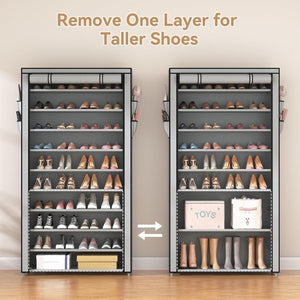 ROJASOP 10 Tier Shoe Rack with Covers,Large Capacity Stackable Tall Shoe Shelf Storage to 50 - 55 Pairs Shoes and Boots Sturdy Metal Free Standing Shoe Rack Organizer for Closet Entryway Garage - Wigtrends