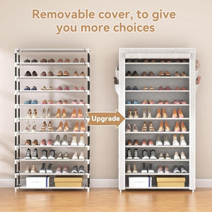 ROJASOP 10 Tier Shoe Rack with Covers,Large Capacity Stackable Tall Shoe Shelf Storage to 50 - 55 Pairs Shoes and Boots Sturdy Metal Free Standing Shoe Rack Organizer for Closet Entryway Garage - Wigtrends