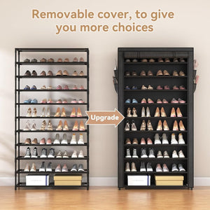 ROJASOP 10 Tier Shoe Rack with Covers,Large Capacity Stackable Tall Shoe Shelf Storage to 50 - 55 Pairs Shoes and Boots Sturdy Metal Free Standing Shoe Rack Organizer for Closet Entryway Garage - Wigtrends