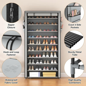 ROJASOP 10 Tier Shoe Rack with Covers,Large Capacity Stackable Tall Shoe Shelf Storage to 50 - 55 Pairs Shoes and Boots Sturdy Metal Free Standing Shoe Rack Organizer for Closet Entryway Garage - Wigtrends