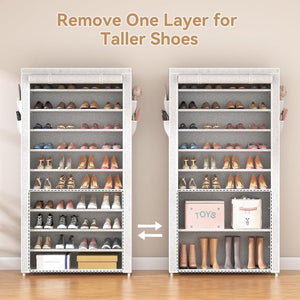 ROJASOP 10 Tier Shoe Rack with Covers,Large Capacity Stackable Tall Shoe Shelf Storage to 50 - 55 Pairs Shoes and Boots Sturdy Metal Free Standing Shoe Rack Organizer for Closet Entryway Garage - Wigtrends