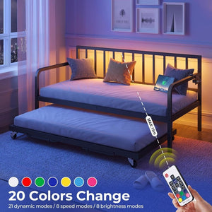 Rolanstar Daybed with Charging Station and LED Lights, Height Adjustable Twin Daybed with Trundle, Metal Sofa Bed Frame with Steel Slat Support - Wigtrends