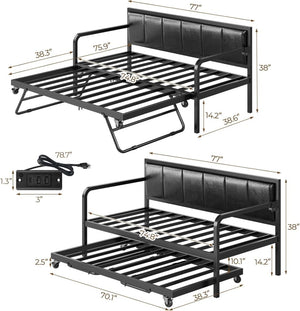 Rolanstar Daybed with Charging Station and LED Lights, Height Adjustable Twin Daybed with Trundle, Metal Sofa Bed Frame with Steel Slat Support - Wigtrends