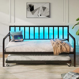 Rolanstar Daybed with Charging Station and LED Lights, Height Adjustable Twin Daybed with Trundle, Metal Sofa Bed Frame with Steel Slat Support - Wigtrends