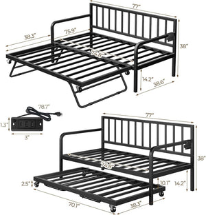 Rolanstar Daybed with Charging Station and LED Lights, Height Adjustable Twin Daybed with Trundle, Metal Sofa Bed Frame with Steel Slat Support - Wigtrends