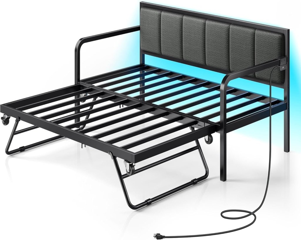 Rolanstar Daybed with Charging Station and LED Lights, Height Adjustable Twin Daybed with Trundle, Metal Sofa Bed Frame with Steel Slat Support - Wigtrends