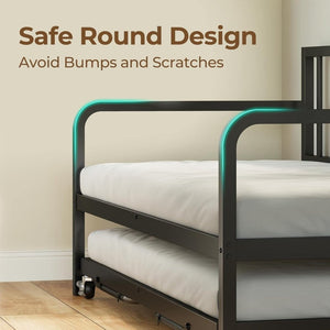 Rolanstar Daybed with Charging Station and LED Lights, Height Adjustable Twin Daybed with Trundle, Metal Sofa Bed Frame with Steel Slat Support - Wigtrends