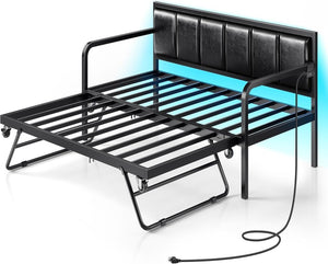 Rolanstar Daybed with Charging Station and LED Lights, Height Adjustable Twin Daybed with Trundle, Metal Sofa Bed Frame with Steel Slat Support - Wigtrends