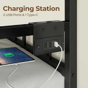 Rolanstar Daybed with Charging Station and LED Lights, Height Adjustable Twin Daybed with Trundle, Metal Sofa Bed Frame with Steel Slat Support - Wigtrends