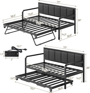 Rolanstar Daybed with Charging Station and LED Lights, Height Adjustable Twin Daybed with Trundle, Metal Sofa Bed Frame with Steel Slat Support - Wigtrends