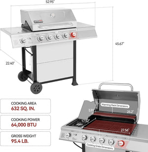 Royal Gourmet GA5401T 5 - Burner Propane Gas Grill with Sear Burner and Side Burner, Stainless Steel BBQ Grill with 632 Sq. In. Grilling Area for Outdoor Barbecue Cooking, 64,000 BTUs, Silver - Wigtrends