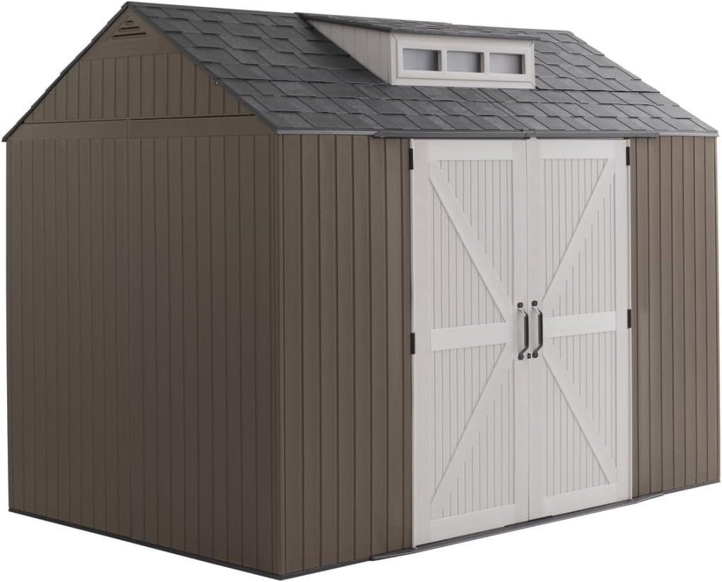 Rubbermaid Resin Outdoor Storage Shed With Floor (7 x 7 Ft) Weather Resistant Gray Organization for Home/Backyard/Garden Tools/Lawn Mower/Bike Storage/Pool Supplies - Wigtrends