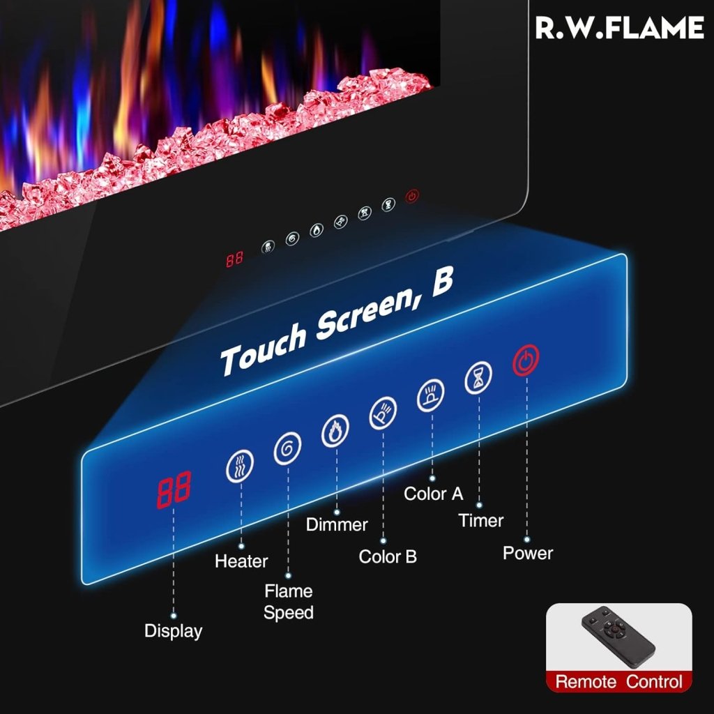 R.W.FLAME 60" Recessed and Wall Mounted Electric Fireplace, Low Noise, Fit for 2 x 6 Stud, Remote Control with Timer, Touch Screen, Adjustable Flame Color and Speed, 750 - 1500W - Wigtrends