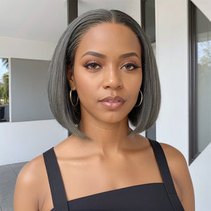 Salt And Pepper Kinky Straight Short Bob 5x5 Closure Lace Wig Put On & Go - Wigtrends