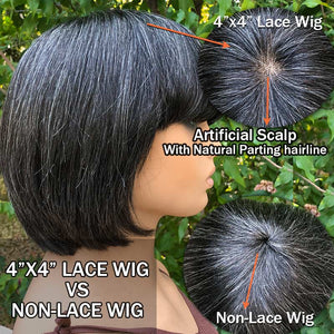 Salt and Pepper Natural Straight Wavy Bob Glueless Lace Human Hair Wigs With Bangs - Wigtrends