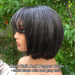 Salt and Pepper Natural Straight Wavy Bob Glueless Lace Human Hair Wigs With Bangs - Wigtrends