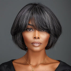Salt and Pepper Natural Straight Wavy Bob Glueless Lace Human Hair Wigs With Bangs - Wigtrends