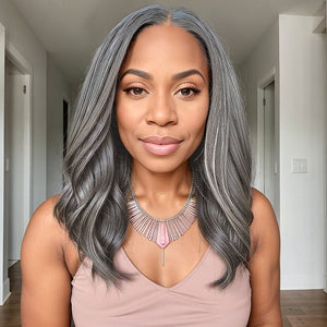 Salt And Pepper Natural Wavy Layered Cut 5x5 Lace Closure Wig 100% Virgin Human Hair - Wigtrends