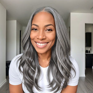 Salt And Pepper Natural Wavy Layered Cut 5x5 Lace Closure Wig 100% Virgin Human Hair - Wigtrends