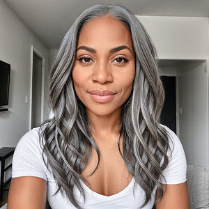 Salt And Pepper Natural Wavy Layered Cut 5x5 Lace Closure Wig 100% Virgin Human Hair - Wigtrends