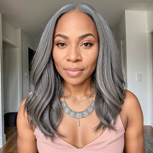 Salt And Pepper Natural Wavy Layered Cut 5x5 Lace Closure Wig 100% Virgin Human Hair - Wigtrends