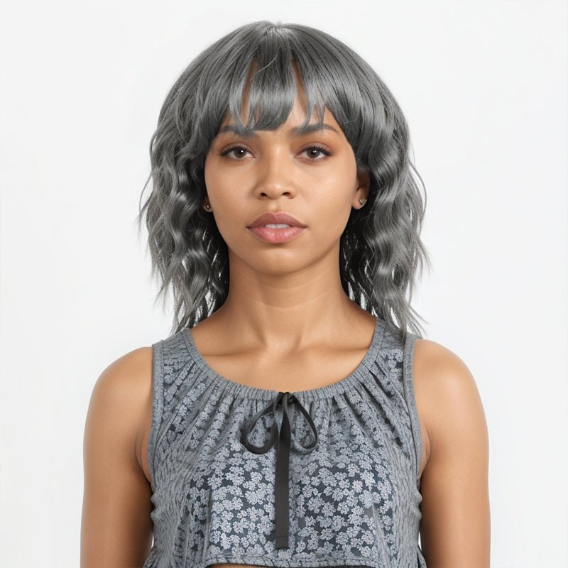 Salt And Pepper Short Mullet Wig Short Bob with Bangs 80s 90s Shaggy Layered Hair Shoulder Length Wigs - Wigtrends
