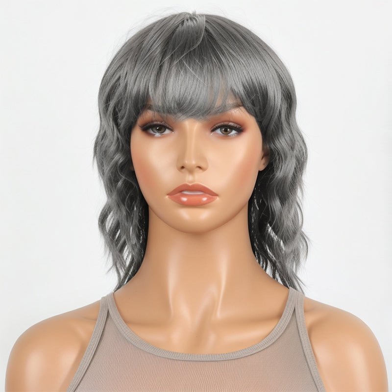 Salt And Pepper Short Mullet Wig Short Bob with Bangs 80s 90s Shaggy Layered Hair Shoulder Length Wigs - Wigtrends