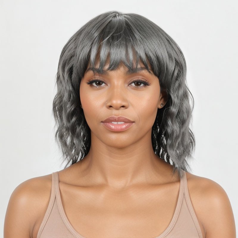 Salt And Pepper Short Mullet Wig Short Bob with Bangs 80s 90s Shaggy Layered Hair Shoulder Length Wigs - Wigtrends