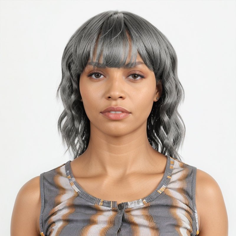 Salt And Pepper Short Mullet Wig Short Bob with Bangs 80s 90s Shaggy Layered Hair Shoulder Length Wigs - Wigtrends