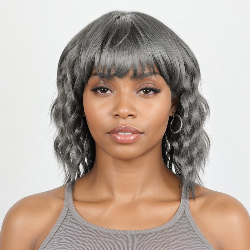 Salt And Pepper Short Mullet Wig Short Bob with Bangs 80s 90s Shaggy Layered Hair Shoulder Length Wigs - Wigtrends