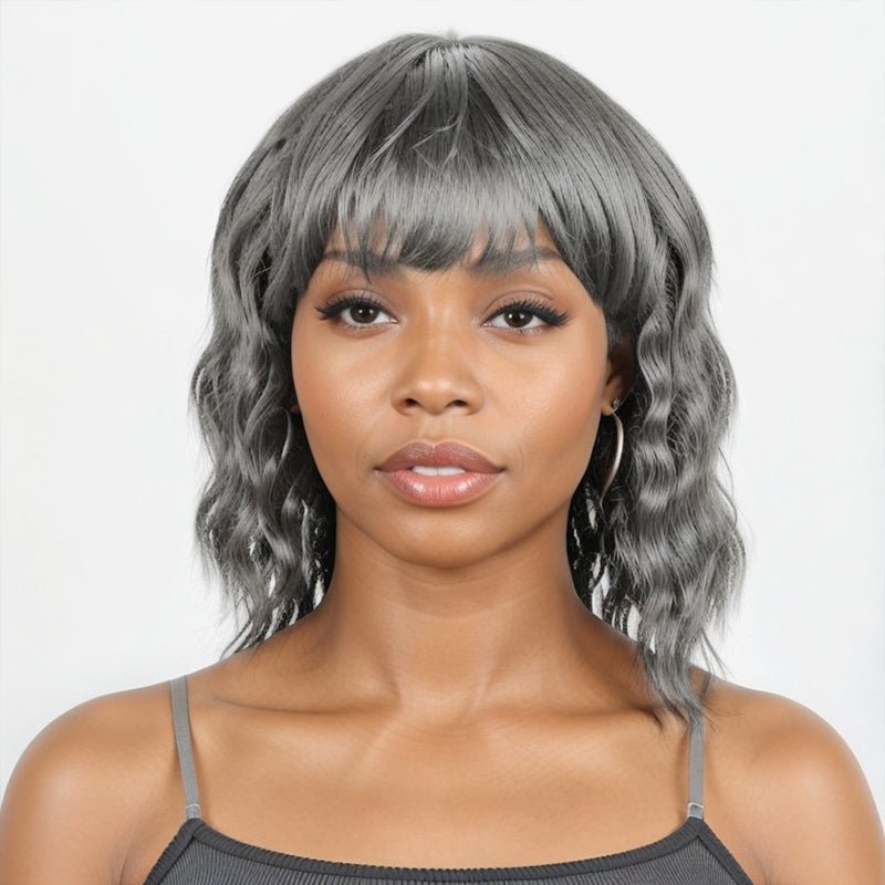 Salt And Pepper Short Mullet Wig Short Bob with Bangs 80s 90s Shaggy Layered Hair Shoulder Length Wigs - Wigtrends