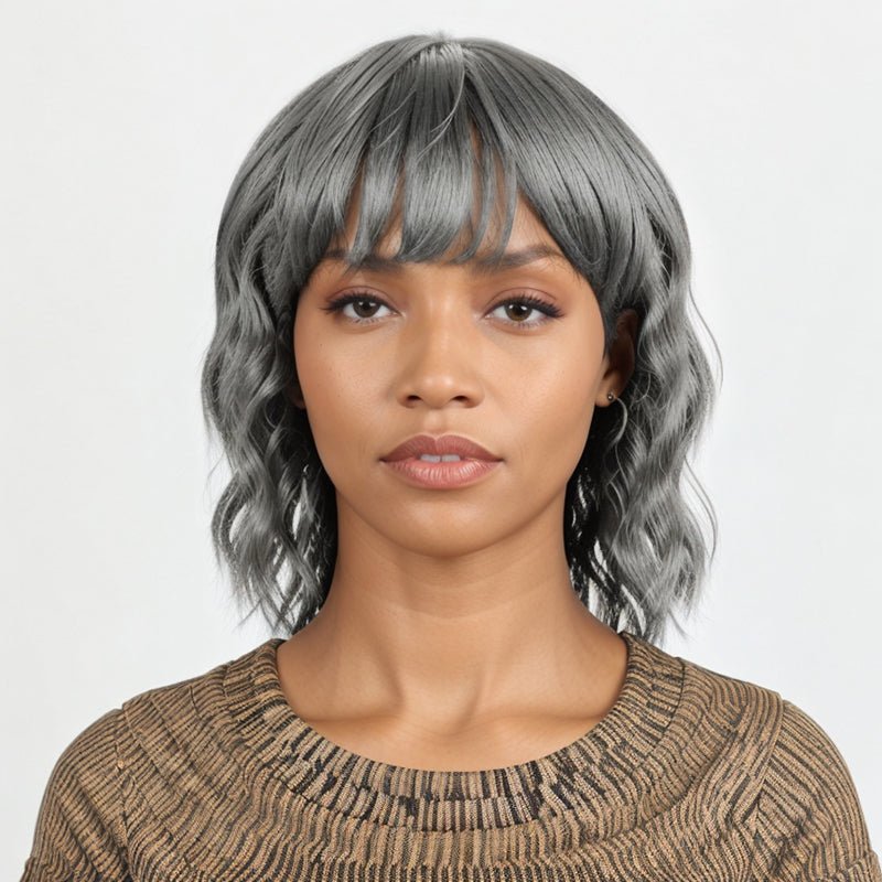 Salt And Pepper Short Mullet Wig Short Bob with Bangs 80s 90s Shaggy Layered Hair Shoulder Length Wigs - Wigtrends