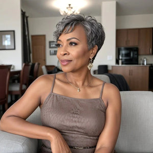 Salt And Pepper Short Pixie Cut Glueless Human Hair Wig With Bangs - Wigtrends